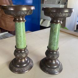 Green Marble  & Brass Candle Holder 