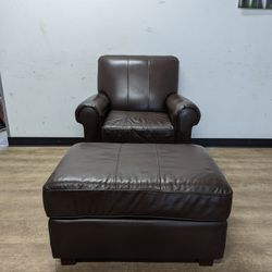 Contemporary Brown Genuine Leather Arm Chair with Ottoman