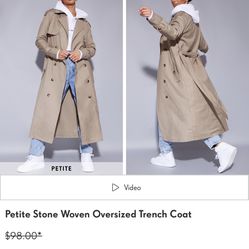 NWT.  PRETTYLITTLETHING Petite Stone Woven Oversized Trench Coat