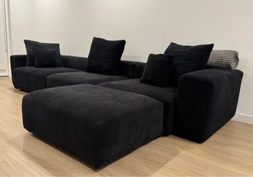 Black Corduroy Sectional Sofa with Ottoman L shape