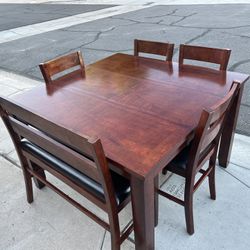 6 piece extension wood table with chairs & bench 