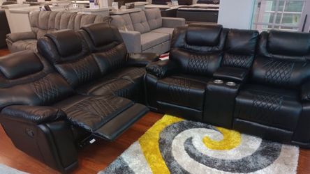 Limited time sale. San Santiago, black leather reclining sofa and loveseat set only $999. Easy finance option. Same-day delivery.