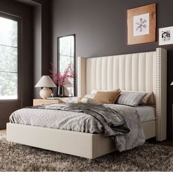 Queen Size Bed Frame Velvet Upholstered Wingback Headboard