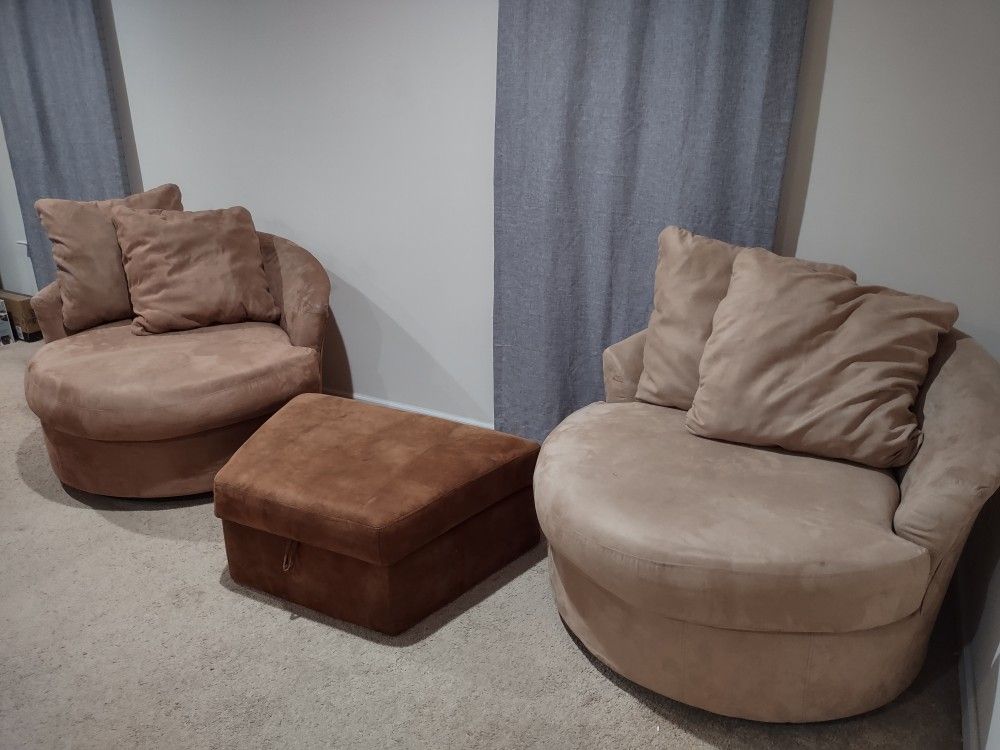 Swivel Chairs Couches Oversized Beige Brown With Storage Ottoman