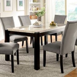 Brand New Dark Walnut, Ivory & Grey 7pc Formal Dining Table Set w Marble Top 