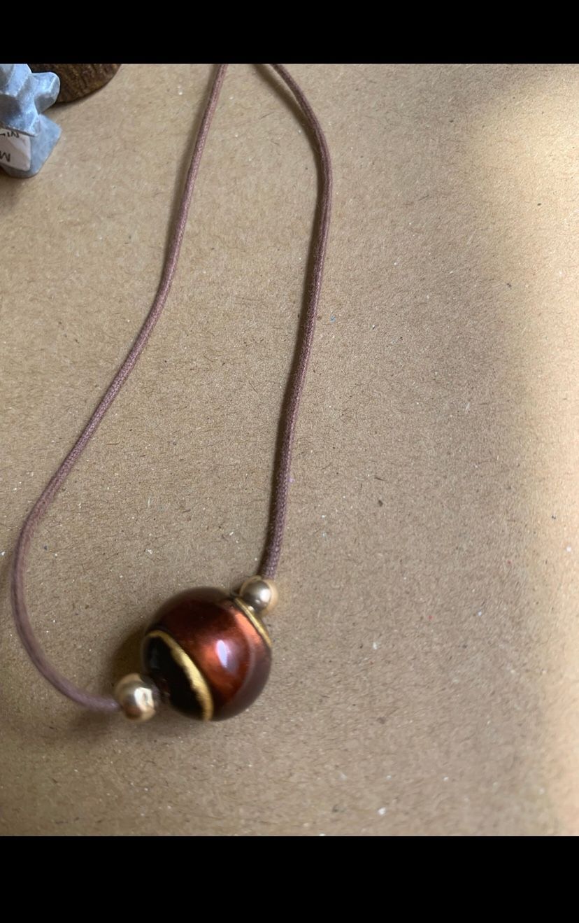 14k Bead’s & Brown Leather Necklace