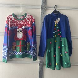 Medium small ugly sweater blue Navidad Santa  Christmas outfit top long sleeve present adult  Couple Matching Dress 