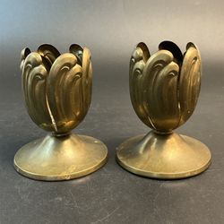 Vtg Lotus Flower Brass Ornate Pair Votive Set Candle Holder Germany MCM Boho 5"