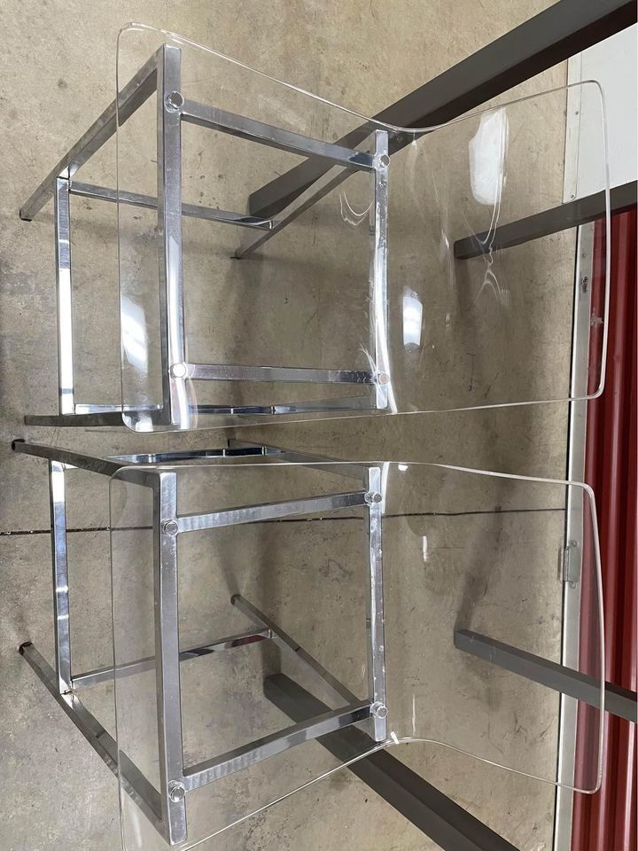 Stilt 42" High Dining Table and Set of Clear Stools
