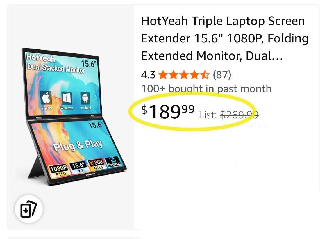 Triple Laptop Screen Extender 15.6'' 1080P, Folding Extended Monitor, Dual Stacked Monitor, IPS, USB-C, HDMI, 180° Rotation, Plug & Play, Kickstand, W