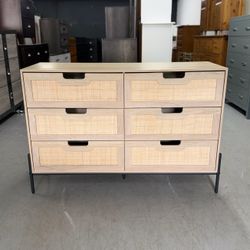 Light Wood Rattan 6 Drawer Dresser 