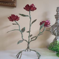 Rose Bud Candle Holders Vintage MCM Hand Forged Welded Metal red
