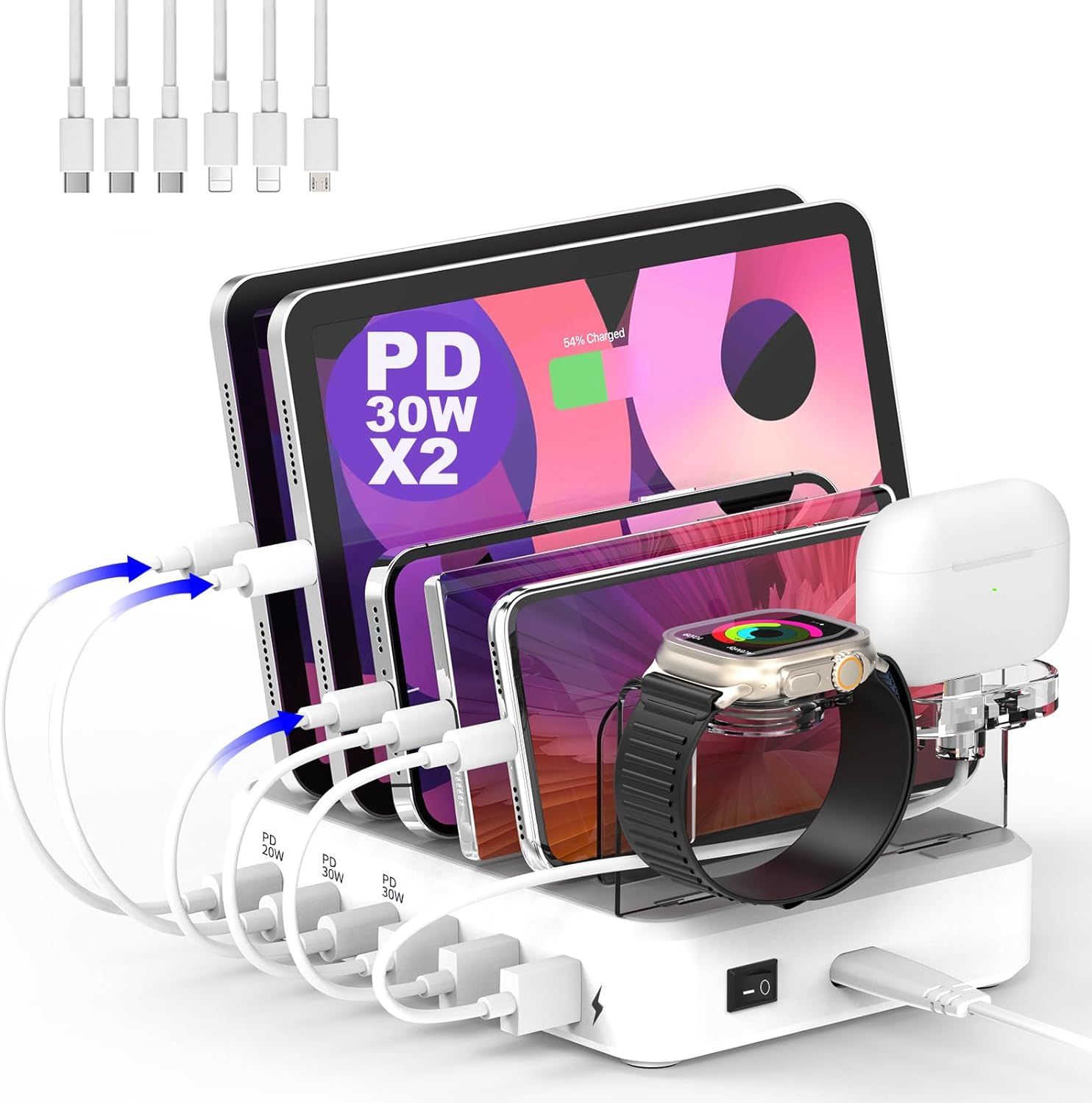 Charging Station for Apple Devices - 81W 6 Port Charger Station with 20W*3 PD USB C Fast Port, 6 Short Cables, Charging Dock for Multiple Devices Desi