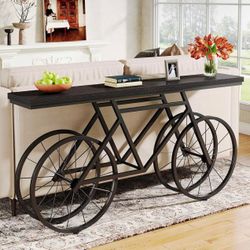 70.9-Inch Extra Long Console Table, Narrow Sofa Table with Bicycle Metal Base, Modern Industrial Entryway Table Behind Couch Table for Living Room, Ha