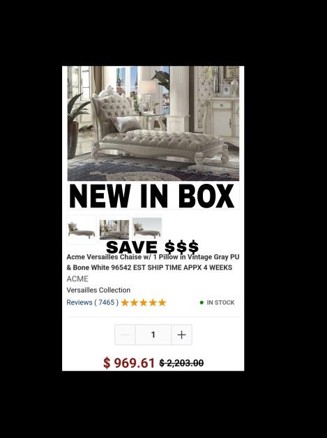NEW IN BOX! SAVE HUNDREDS! Acme Versailles Chaise w/ 1 Pillow in Vintage Gray PU & Bone White