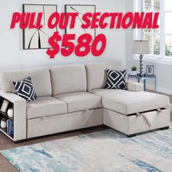 Pullout Sectional Sofa / Cup Holder / 