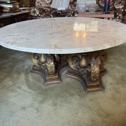 Vintage Rococo style marble top Coffee table with ornate gold-toned pedestal base