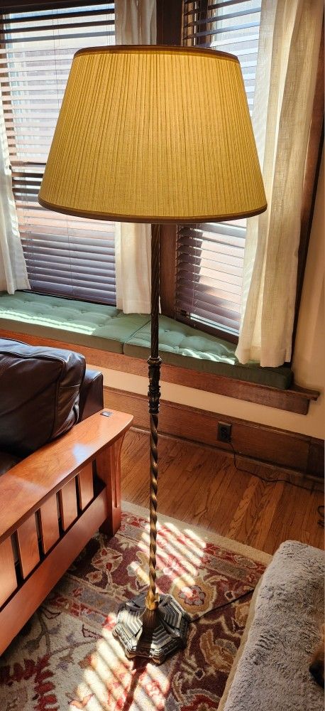 Vintage Art Deco Brass Floor Lamp with Cream Shade - 63" tall - Rewired, Works!