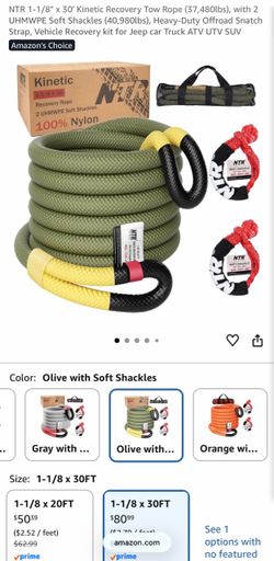 NTR 1-1/8" x 30' Kinetic Recovery Tow Rope (37,480lbs), with 2 UHMWPE Soft Shackles (40,980lbs), Heavy-Duty Offroad Snatch Strap, Vehicle Recovery kit