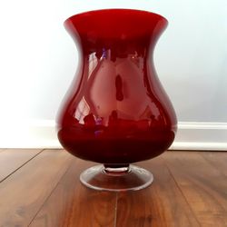 Party Lite Ruby Red Blown Glass  Candle Holder Flower Vase Hurricane  Extra Large Made In Poland 