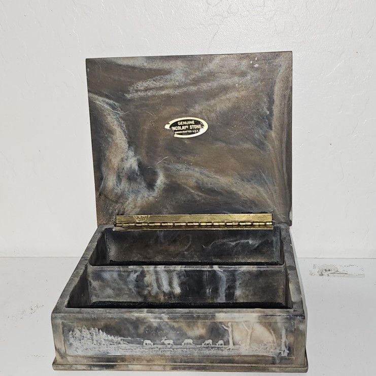 Vtg Genuine Incolay Stone HandCrafted Jewelry Box Elk Design By J.W Roberts 1971