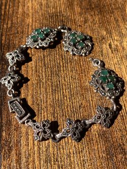 Vintage 925 Sterling Silver Marcasite Green Stone Bracelet Art Deco Style 20.7g