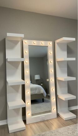 White Hollywood Vanity Mirror with Side Shelves