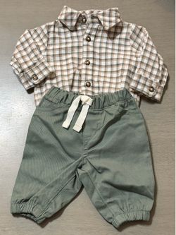 Carter’s Plaid Button-Up Shirt & Jogger Set - Neutral Plaid & Olive Size NB NWOT