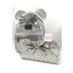 Loungefly Set ✨ Minnie Mouse Silver Sequin Backpack & Wallet *NEW With Tags*