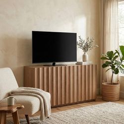 2287b  46.96”Amber Oak Wide Fluted TV Stand with Storage for 55 50 Inch TV, 3 Doors Mid-Century Modern Large Entertainment Center Media Console Table 