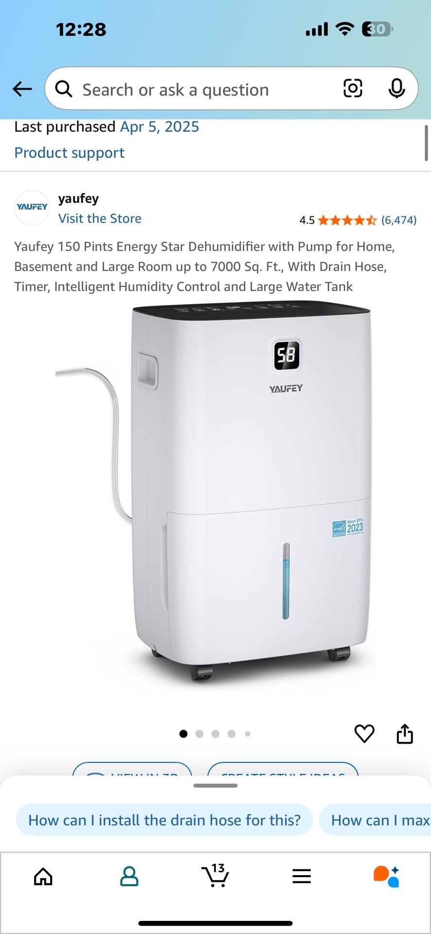 Yaufey 150 Pints Energy Star Dehumidifier w/ Pump