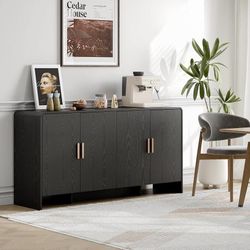 60" Sideboard Buffet Cabinet with Adjustable Shelves Storage, Black Curved Design Sideboard with 4 Doors & 4-Tier Shelving Meets Various Needs,Mid Cen