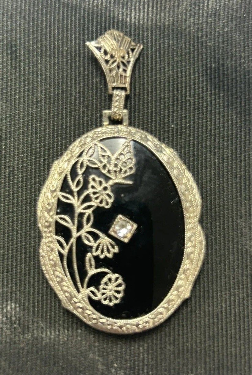 ANTIQUE LARGE BLACK ONYX DIAMOND 14KT WHITE GOLD 3D VICTORIAN FILIGREE PENDANT 1920'S