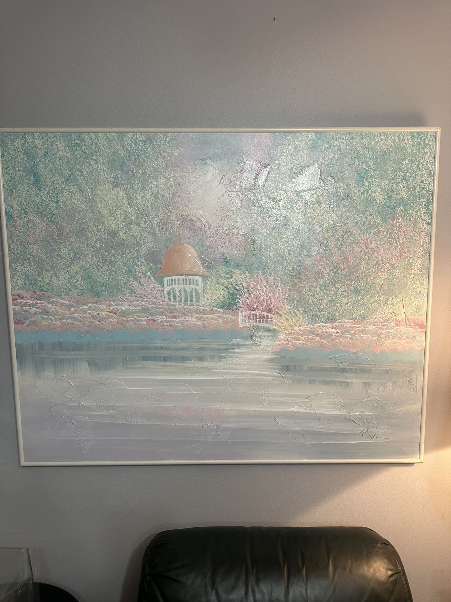 Oil Painting Large Gazebo With A Bridge By The Pond With A Signature Real