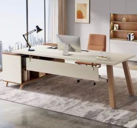 Tribesigns Lanita 71 in. L-Shaped White Wood 2-Drawer Executive Desk with 55 in. Cabinet Large Office Desk with Storage Shelves - brand new