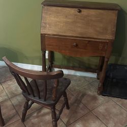 Antique Walnut Wooden Desk & Chair
