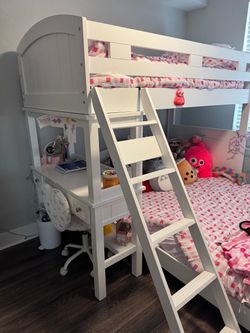 White Twin-over-Full Bunk Bed with Desk, Mattresses & Bedding – Like New!