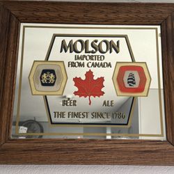 Molson Canadian Beer Mirror with a wooden frame