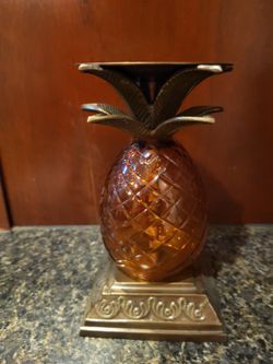 Pineapple brown glass and metal candle pedestal, approx 7" tall