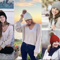 Winter Hats for Women Fleece Lined Beanie Faux Fur Pom Pom Warm Knit Skull X 3
