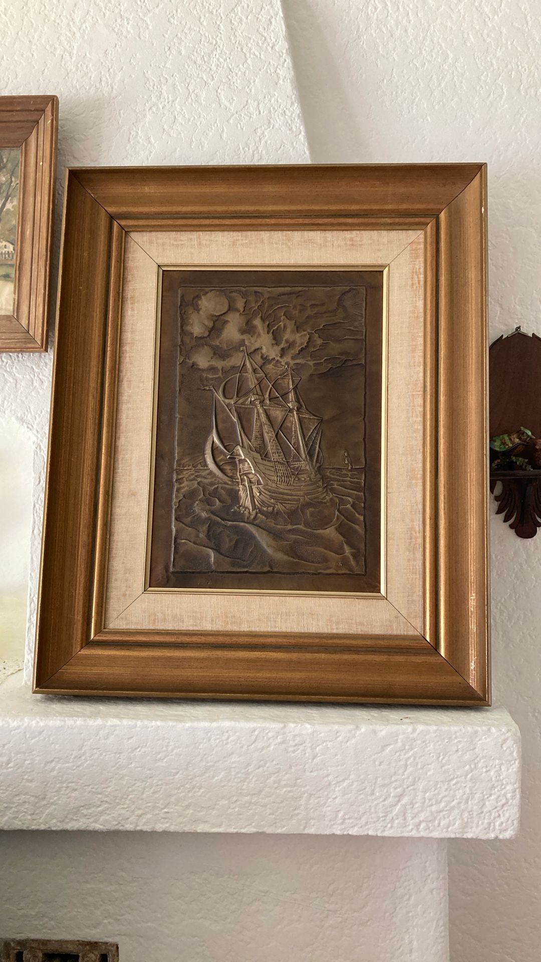 Brass Or Copper Relief, Art Display Of A Ship Professionally Framed