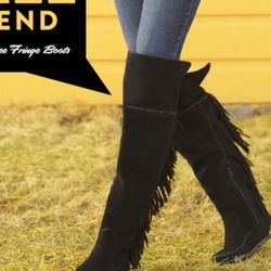 Black Suede Leather Fringe Boots sz 10