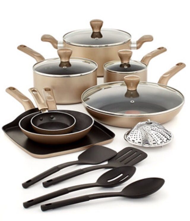 New T-Fal Culinaire 16-Pc Cookware Set Thermo Spot Nonstick Champagne