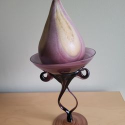 HANDBLOWN ART GLASS  STAND BOWL WITH CANDLE