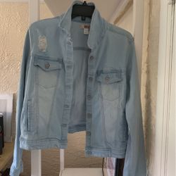 Route 66 Nice Distressed Look Light Blue Denim Jacket Size Large Great Condition Stretch Denim Womans Large Patch pockets With Slide Side Pockets Nice