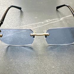 Frameless Luxury Style Sunglasses-Blue Tint Lenses W/ Gold Details Unisex Vibe