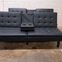 🔥🔥New Modern Futon Sofa With Cup Holders Faux Leather Black Dimensions Pictures 