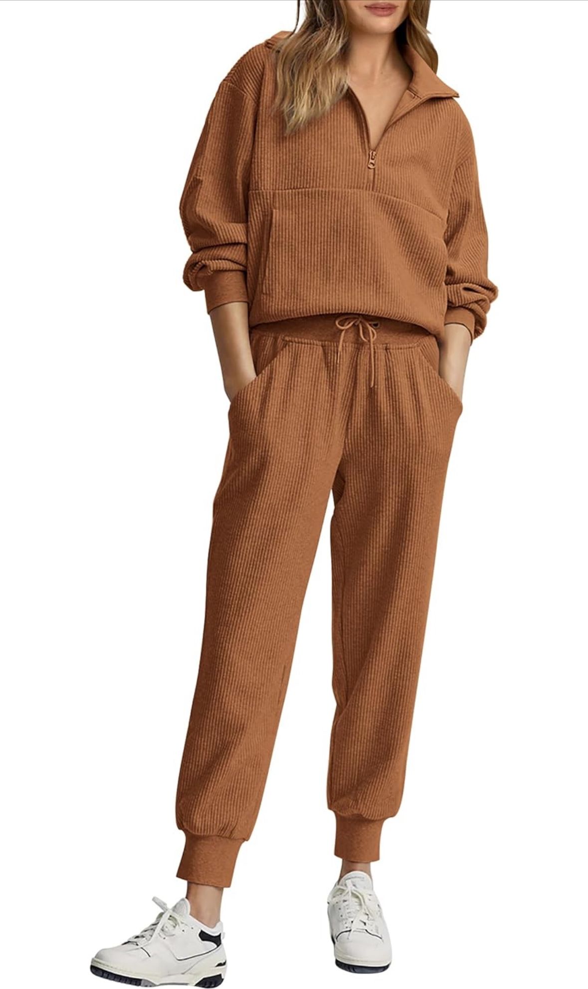 2 Piece Sweatsuits Set Long Sleeve Half Zip Pullover Sweatshirt Jogger medium brown R21