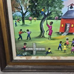 Original Signed Beatrice M. Smith Folk Art Painting – “Schoolyard Play” Red Schoolhouse Scene – Authentic Americana
