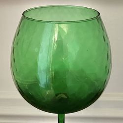 Vintage Mid Century Italian Empoli Long Stem Emerald Green Diamond Optic Glass Decor